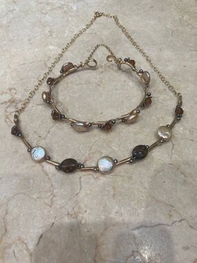 Gold-Tone Freshwater Pearl & Smoky Glass Bead Necklace and Bracelet Set